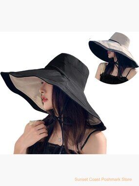 Wide Brim Reversible Sun Hat with Chin Tie - Black/Cream